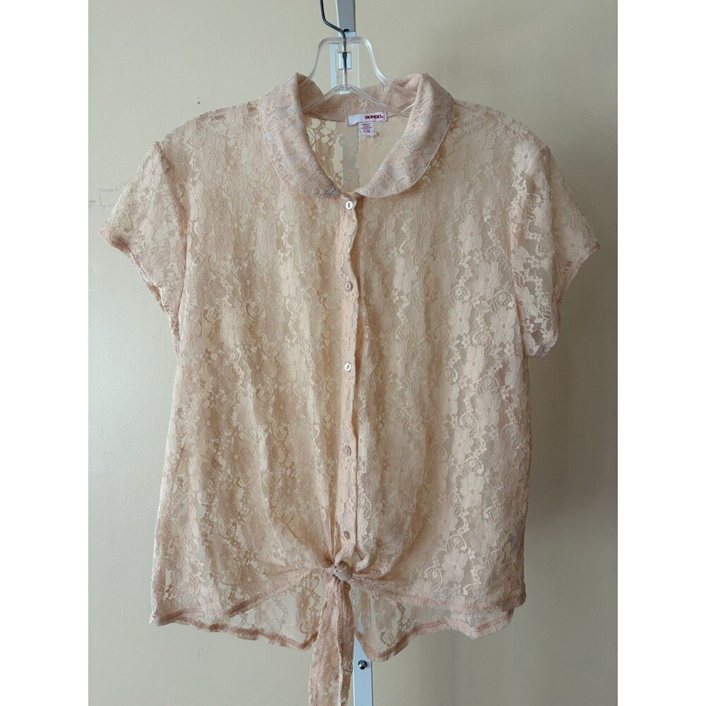 BONGO Pale Peach Crop Tie Lace Collared Short Sleeve Top Women L Boho Fairy Y2K